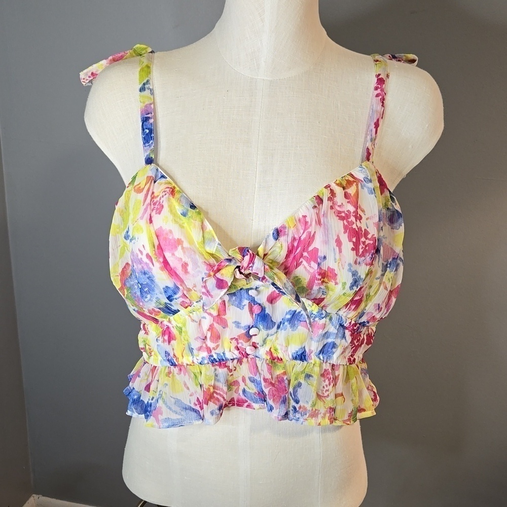 Japna Floral Lined Ruffled Adjustable Strap Bustier Crop Top - Size L